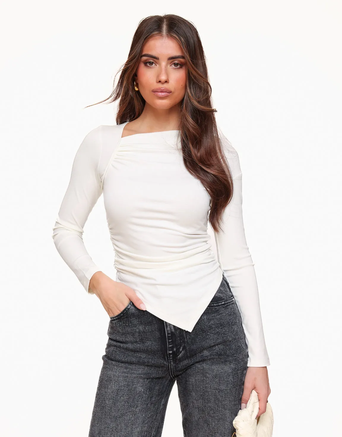 Beige Gedrapeerde LS - Top