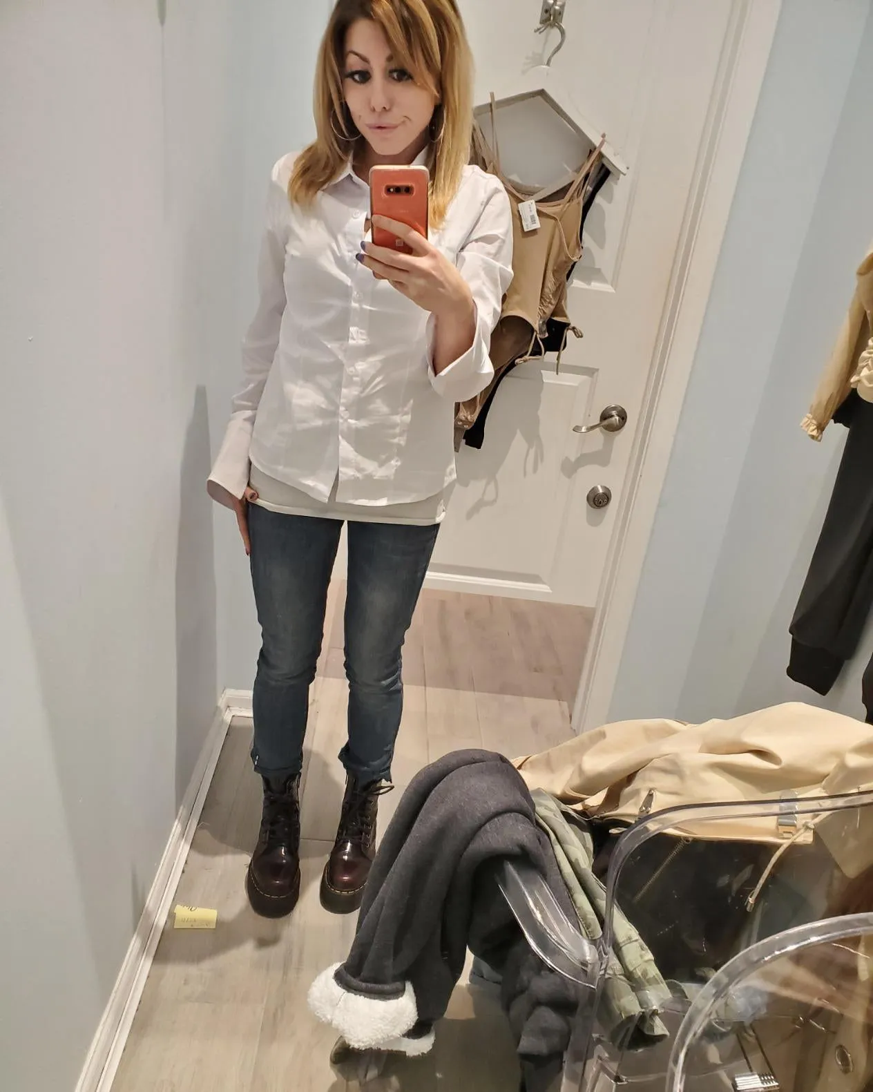 Blue Womens Slim-Fit Long Sleeve Stretchy Button Down Collar Office Formal Casual Shirt Blouse - EZEN