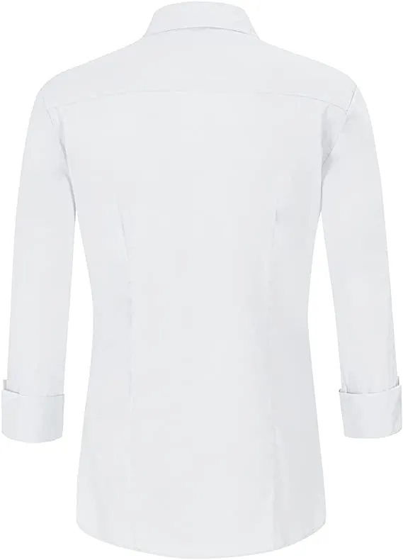 Blue Womens Slim-Fit Long Sleeve Stretchy Button Down Collar Office Formal Casual Shirt Blouse - EZEN