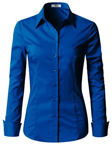 Blue Womens Slim-Fit Long Sleeve Stretchy Button Down Collar Office Formal Casual Shirt Blouse - EZEN