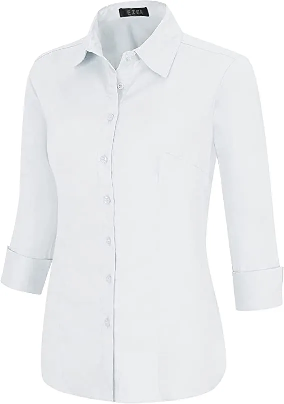 Blue Womens Slim-Fit Long Sleeve Stretchy Button Down Collar Office Formal Casual Shirt Blouse - EZEN