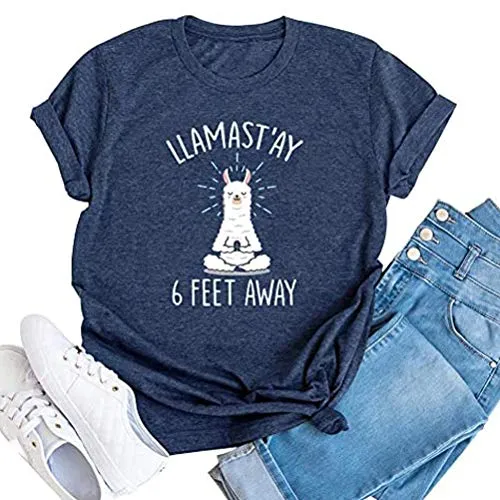 FZLYE Women Llamast'ay 6 Feet Away Letter Print T-Shirt Short Sleeve Llama Graphic Shirt