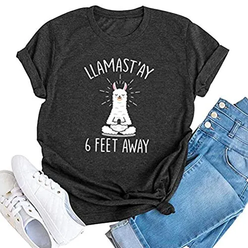 FZLYE Women Llamast'ay 6 Feet Away Letter Print T-Shirt Short Sleeve Llama Graphic Shirt