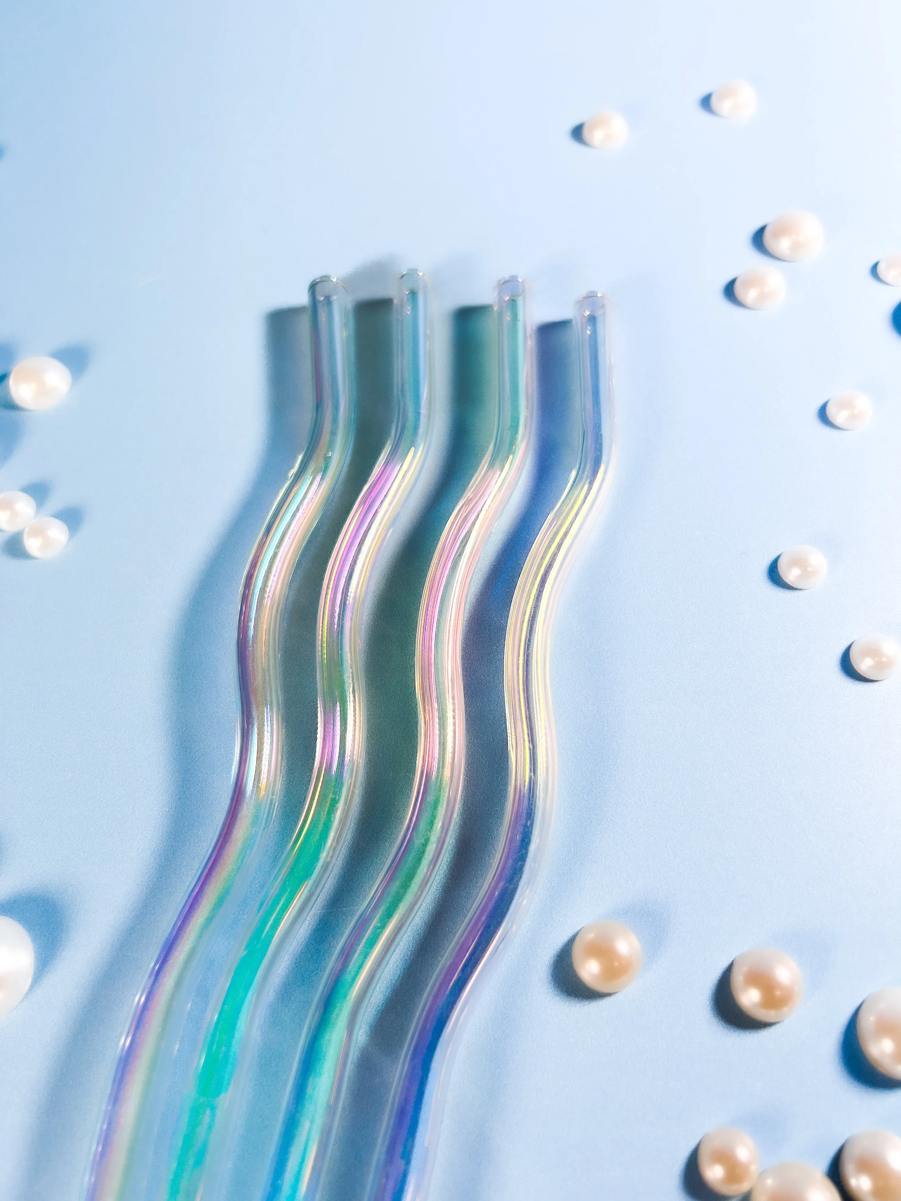Iridescent Wavy Glass Straws - Set of 4