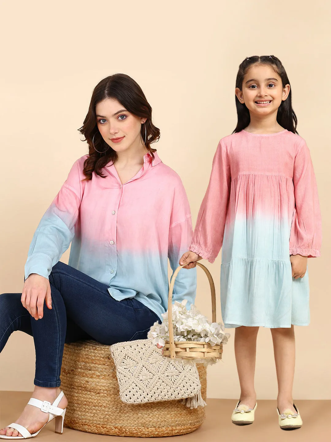 Pink Hand Dyed Mother Daughter Shirt Dress Combo