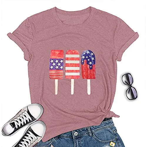 Women American Flag Ice Cream Popsicle T-Shirt Patriotic Shirt