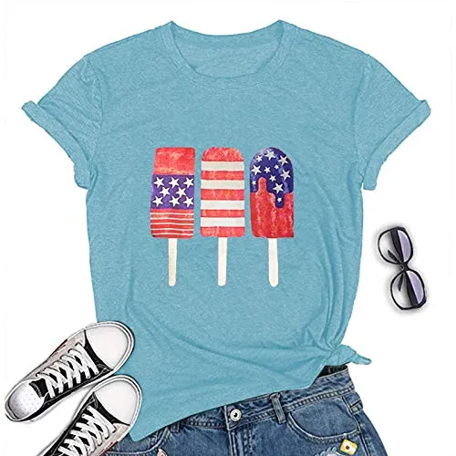 Women American Flag Ice Cream Popsicle T-Shirt Patriotic Shirt