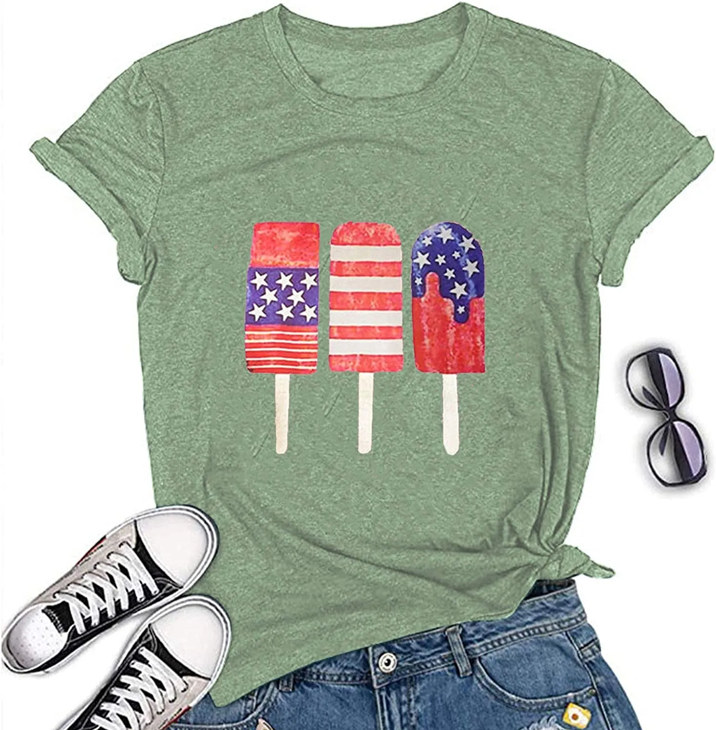 Women American Flag Ice Cream Popsicle T-Shirt Patriotic Shirt