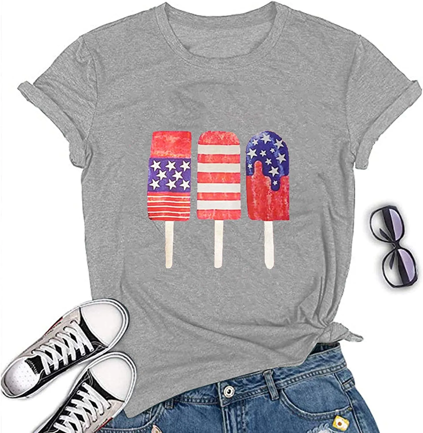 Women American Flag Ice Cream Popsicle T-Shirt Patriotic Shirt