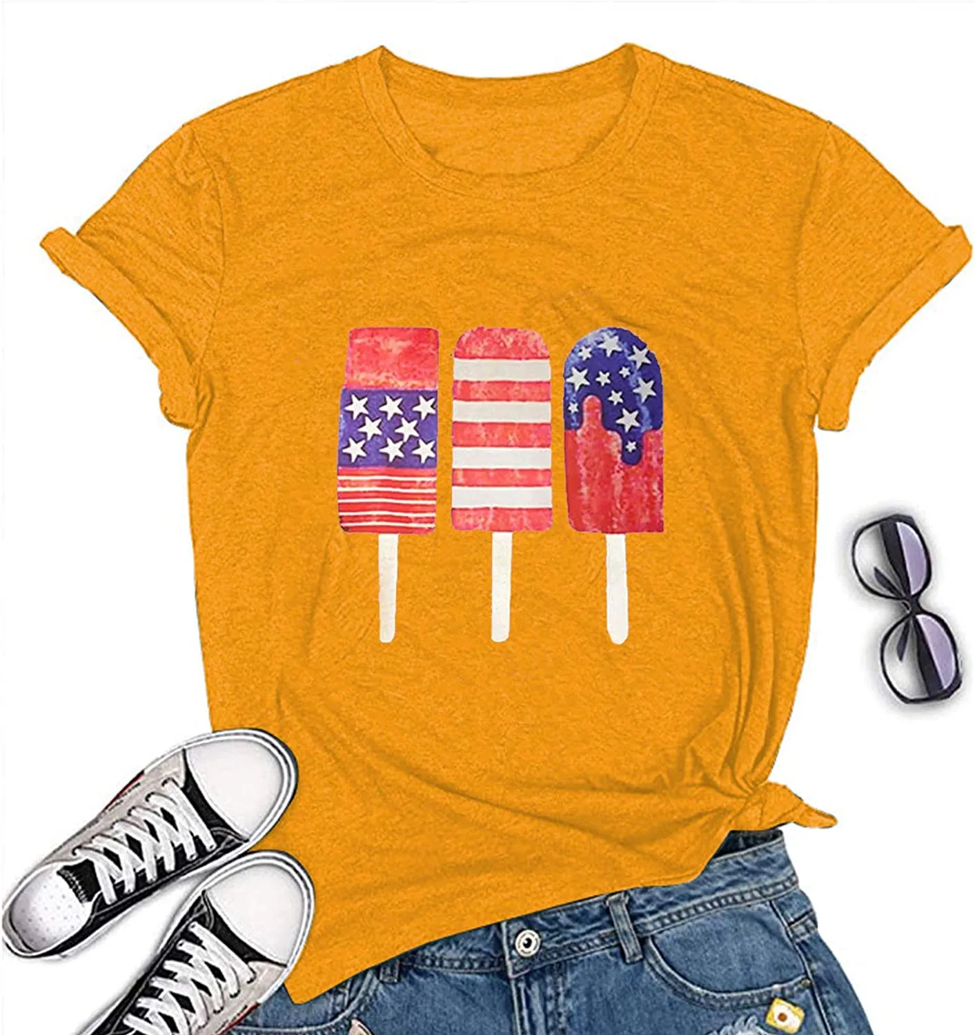Women American Flag Ice Cream Popsicle T-Shirt Patriotic Shirt