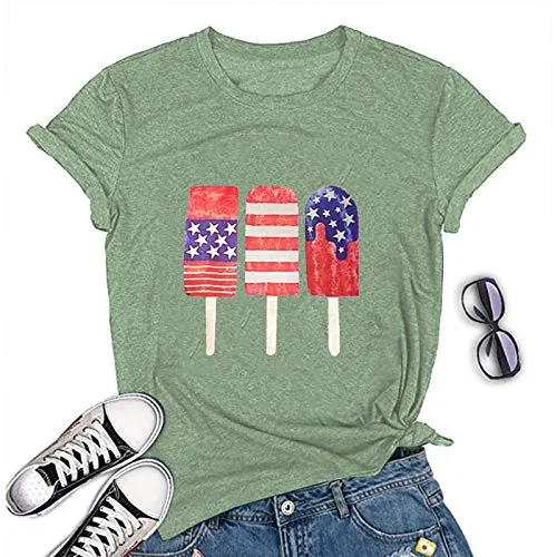 Women American Flag Ice Cream Popsicle T-Shirt Patriotic Shirt
