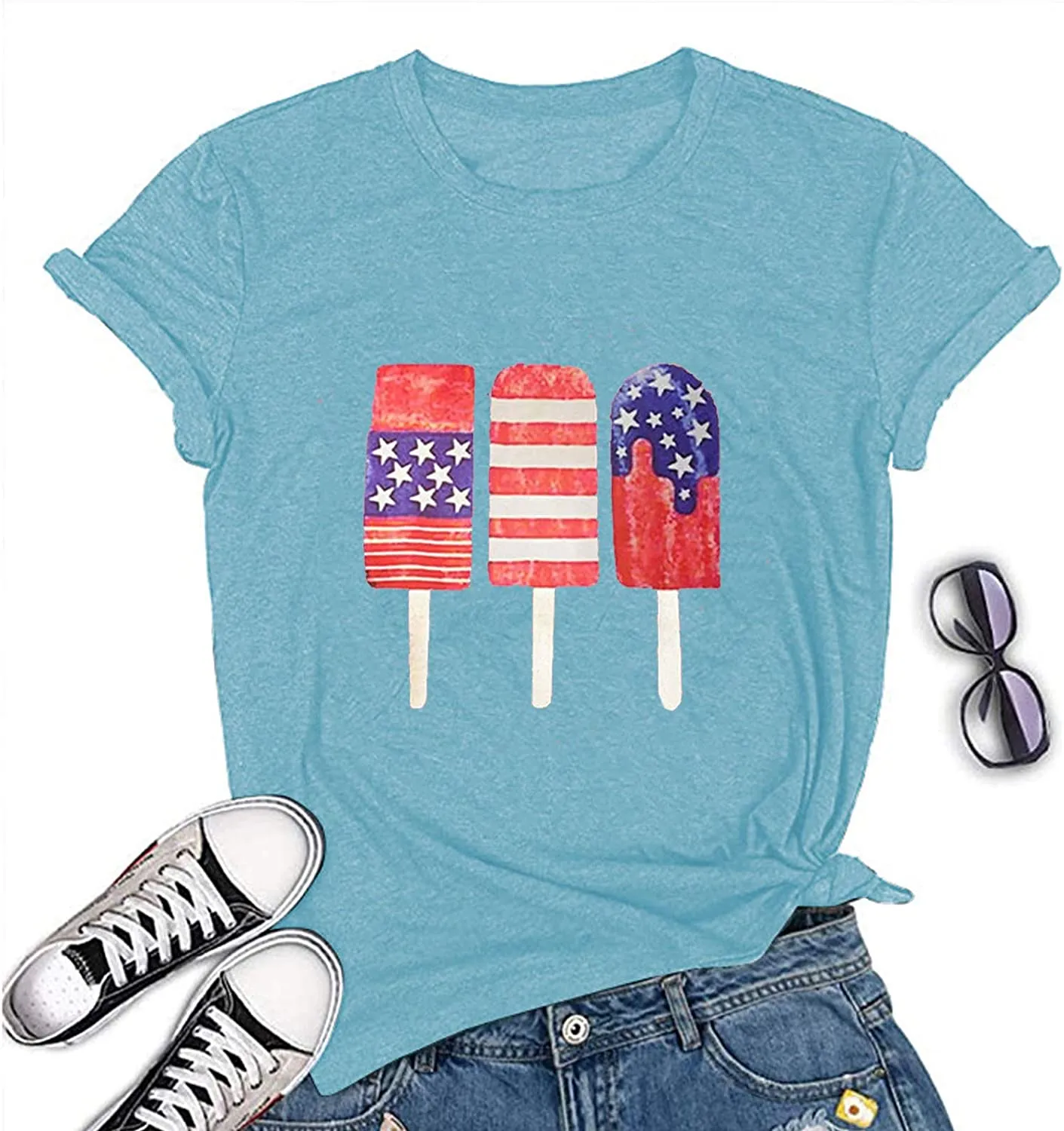 Women American Flag Ice Cream Popsicle T-Shirt Patriotic Shirt