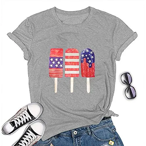 Women American Flag Ice Cream Popsicle T-Shirt Patriotic Shirt
