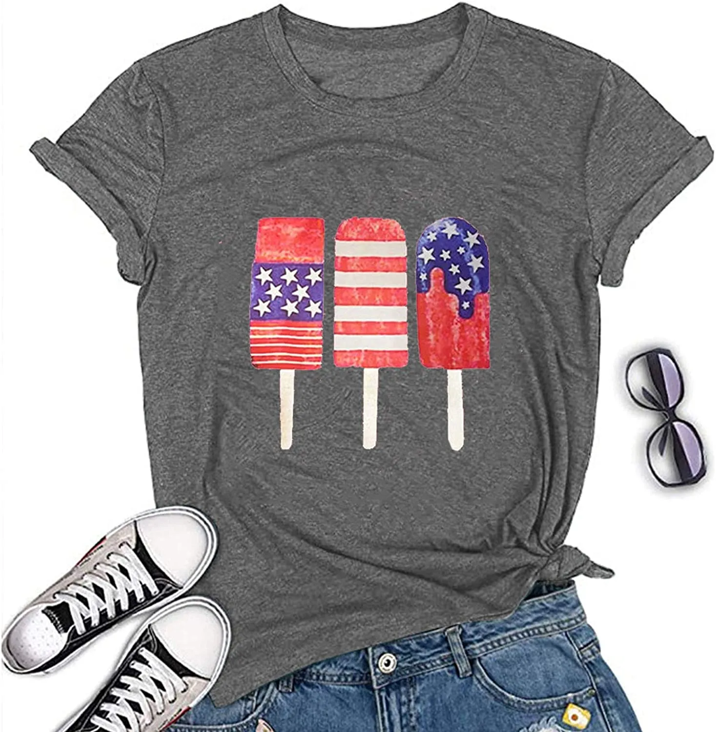 Women American Flag Ice Cream Popsicle T-Shirt Patriotic Shirt